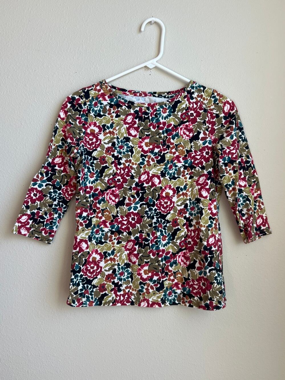 Talbots Petites Size P XS Floral 3/4 Sleeve Cotton Boatneck Top